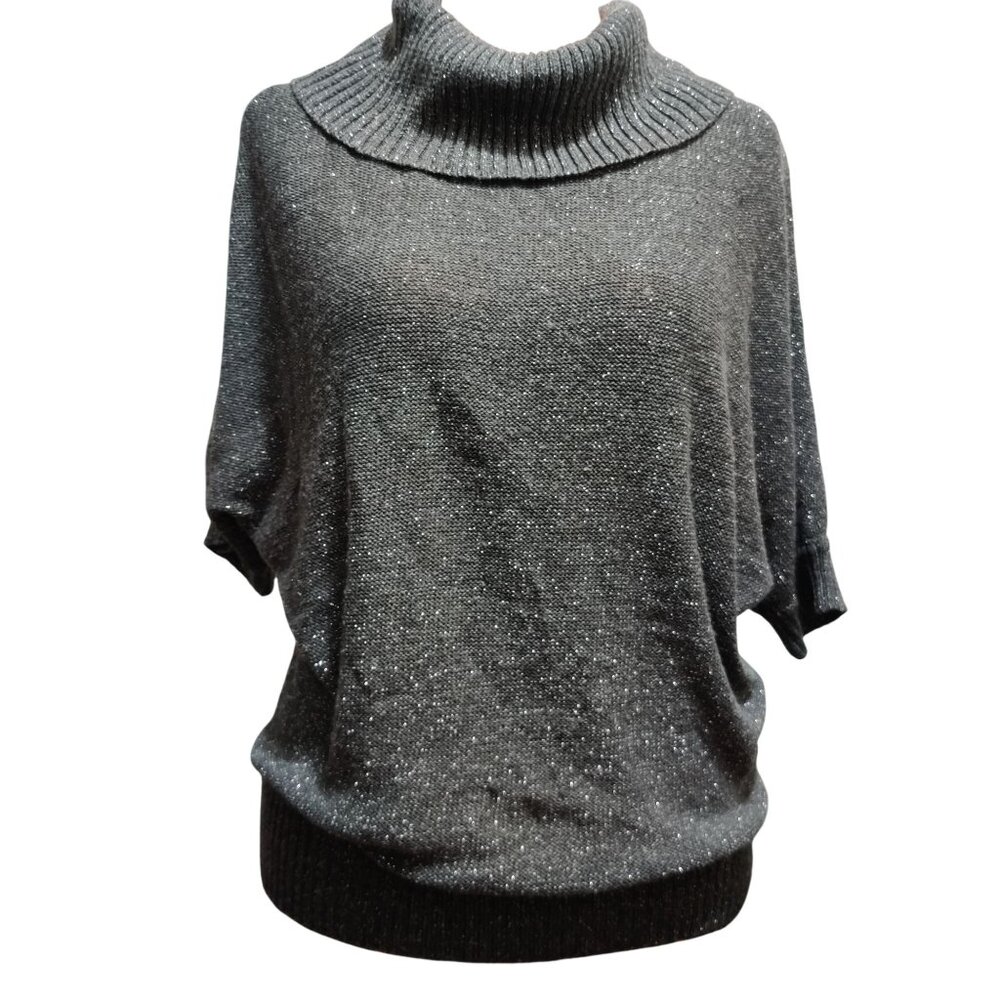AGB L Gray Metallic Cowl Neck Batwing Sweater Dolman Sleeve Shimmer Knit Top